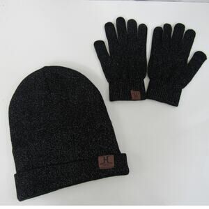 Rayli Black Metallic Knit Beanie Hat and Gloves Winter Fleece Lined